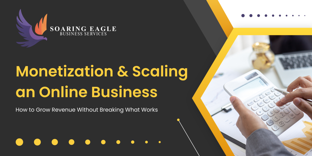 Monetization & Scaling an Online Business (How to Grow Revenue Without Breaking What Works) black and yellow modern financial projection presentation (banner landscape)